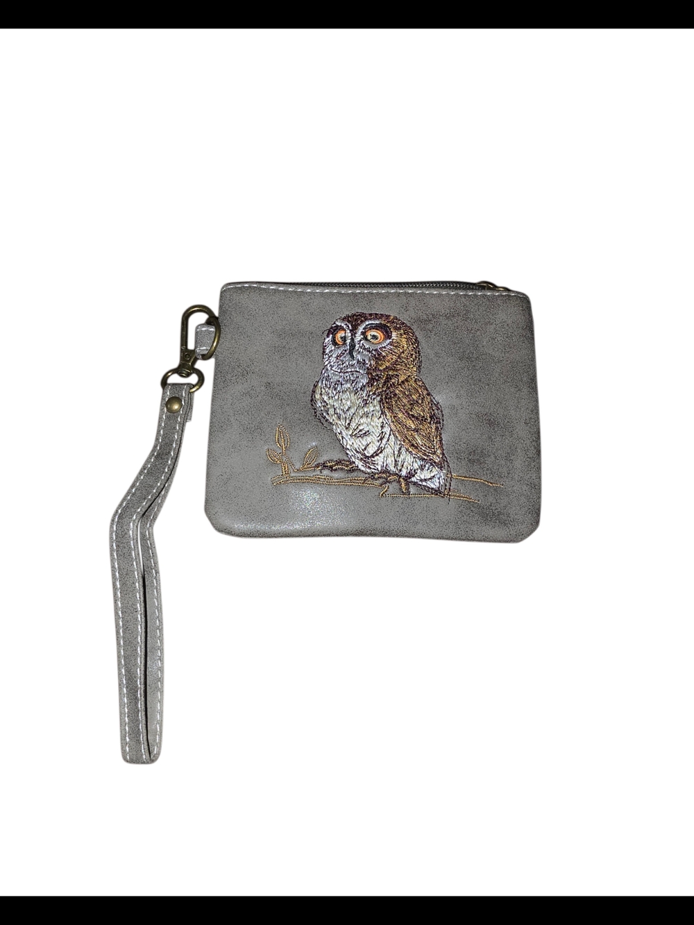 Brand New - Gray Owl Embroidered Wristlet Pouch Wallet